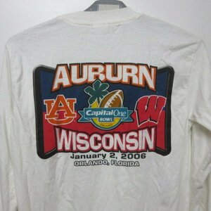 長袖 Tシャツ S　白　細身　フットボール　AUBURN 対　Wisconsin アメカジ古着　sy3477