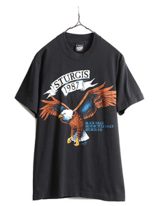 80s USA製 スタージス ハーレー アニマル 両面 プリント 半袖 Tシャツ メンズ M 小さめ S 程/ 80年代 黒 STURGIS イラスト バイク イーグル