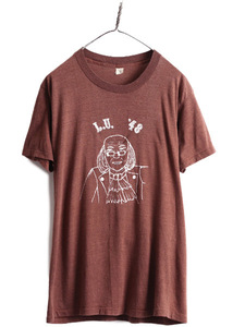70s ■ 偉人 アート 両面 フロッキー プリント 半袖 Tシャツ メンズ M 程/ 70年代 ビンテージ 茶 イラスト キャラクター シングルステッチ