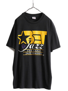 90s USA製 ■ 企業 ジャズ プリント 半袖 Tシャツ ( メンズ XL ) 90年代 オールド JAZZ イラスト ロゴ 当時物 ブラック ヘビーウェイト 黒