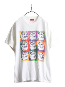 00s オールド ■ チャンピオン アニマル ドッグ アート プリント 半袖 Tシャツ メンズ M / Champion 00年代 芸術 犬 ホワイト イラスト 白