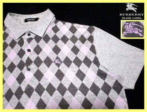 大人気サイズ L(3) 美品 バーバリーブラックレーベル ライトパープルホース刺繍 ブリティッシュアーガイルデザイン ポロシャツ 日本製