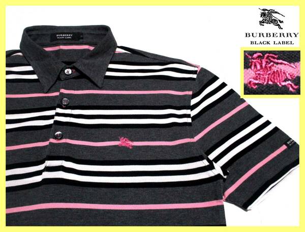 極美品 バーバリーブラックレーベル ピンクホース刺繍 バーバリーボーダー総柄 鹿の子 ポロシャツ サイズ M(2)