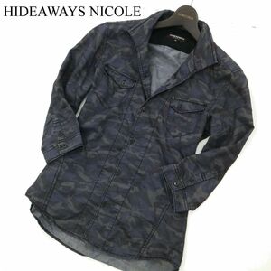 HIDEAWAYS NICOLE ハイダウェイ ニコル 春夏 【迷彩 カモフラ 総柄】 7分袖 スリム ワーク シャツ Sz.46　メンズ グレー　C3T05010_6#A