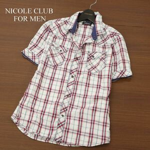 NICOLE CLUB FOR MEN ニコルクラブ フォーメン 春夏 襟袖ワイヤー★ スリム 半袖 ウエスタン チェック シャツ Sz.46　メンズ　C3T05114_6#A