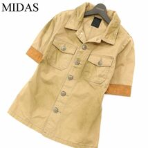 MIDAS ミダス 春夏 5分袖 レザー切替★ ツイル ワーク シャツ Sz.46　メンズ　C3T05264_6#A_画像1