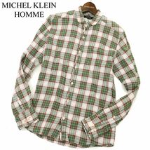 美品★ MICHEL KLEIN HOMME ミッシェルクラン オム 長袖 【麻★リネン100％】 ボタンダウン チェック シャツ Sz.46　メンズ　C3T05512_6#A_画像1