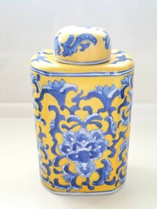 青花　黄色　陶器　瓶　置物