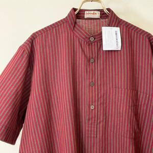 希少《 Dead Stock / fabindia 》70s 80s デッド【 ビンテージ インド綿 ストライプ スタンドカラー ロング丈 半袖シャツ 40 】