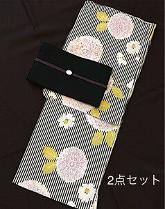 ★上質ゆらぎ縞 菊花 品ある浴衣+渋い黒帯★呉服店購入　浴衣 大正ロマン半幅帯