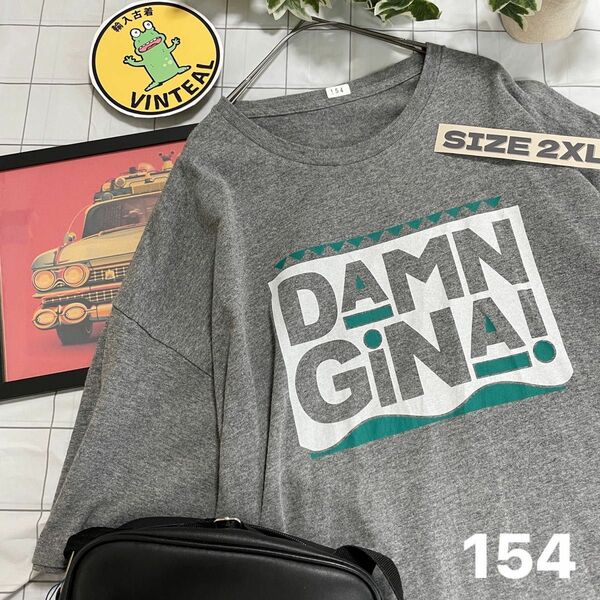 us古着/2XL ヴィンテージ DAMN GINA 半袖Tシャツ グレー 大きいサイズ ビッグシルエット プリント 海外 メンズ