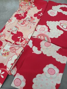  for children kimono 2 sheets set sale red color floral print retro pattern Japanese clothes Japanese clothes kimono remake flap is gire old cloth hand made material collection secondhand goods 