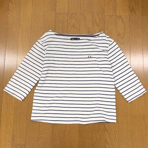 FRED PERRY フレッドペリー ロゴ刺繍 ボートネック バスクシャツ 36(S) オフホワイト×ネイビー 七分袖 カットソー Tシャツ ロンT 女性用