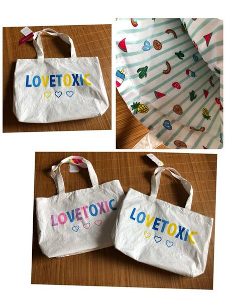 新品ラブトキシックプールバッグ 海ビーチ潮干狩りスポーツにもLOVETOXIC 普段使いにも可愛い しわしわトロピカル柄ブルー 色違い有り