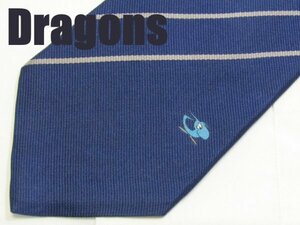 AA 225 【野球】 中日ドラゴンズ Dragons ネクタイ 青系 紺系 光沢 ストライプ柄 ロゴ柄 シャオロンワンポイント刺繍