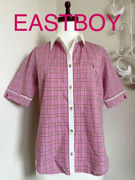 新品未使用 EASTBOY 半袖チェックシャツ 半袖ブラウス レディース 9号 イーストボーイ 半袖シャツ チェック柄 ピンク ロゴ刺繍 送料無料