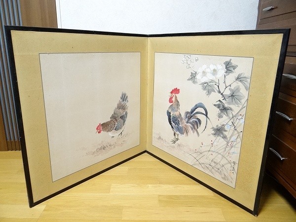 Rare Antique 1955, Late Autumn, Flower butterfly, Chicken, Chicken illustration, Two-panel fold, Small folding screen, Handwritten on paper, Japanese painting, Stored, Antique, Old house, Showa period item, painting, Japanese painting, flowers and birds, birds and beasts