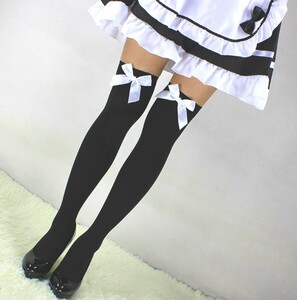 meido black black white ribbon knee knee-high socks over knee socks 