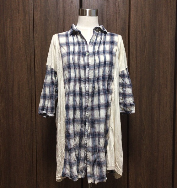 ■ シアー 【 良好 】チュニック シャツ M ■ キナリ ブルー チェック 七分袖
