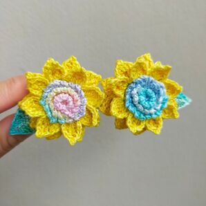 ひまわりのバレッタ レディースファッション かぎ針編み レース糸 ハンドメイド アクセサリー 飾り物