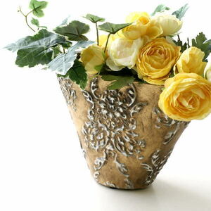 フラワーベース 花瓶 陶器 花器 おしゃれ アンティーク 横長 モダン 花入れ 花びん 陶器のゴールドベース スモール