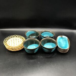 美品　赤津焼　湯呑み&竹茶托4客　菓子皿5枚　現状品　茶器　茶道具　食器　銘々皿　湯飲み　S5