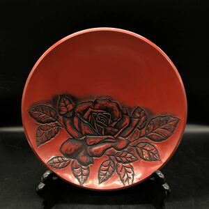 桃皿　洗朱塗 鎌倉彫　菓子皿 菓子鉢　薔薇　丸皿　食器　漆器　アンティーク　W10-9