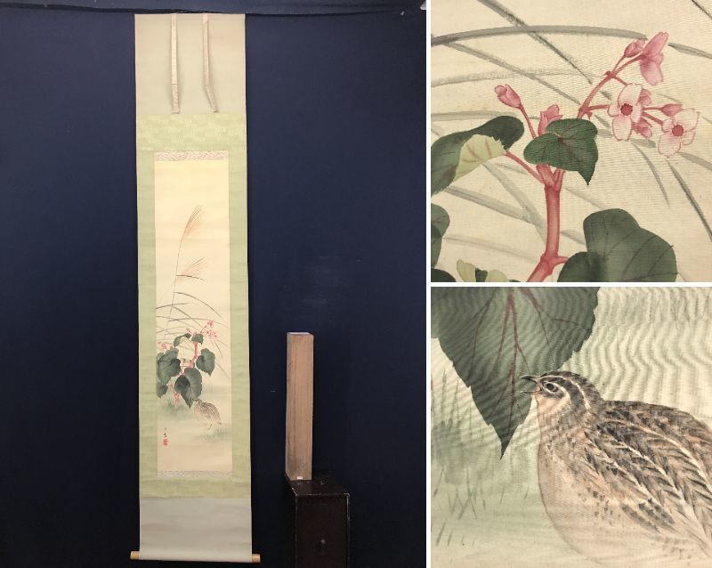 [Authentic] Shinobu Keisui/Flower and Bird Picture/Quail Picture/Begonia and Quail Picture/Hanging Scroll ☆Treasure Ship☆AC-147, Painting, Japanese painting, Flowers and Birds, Wildlife