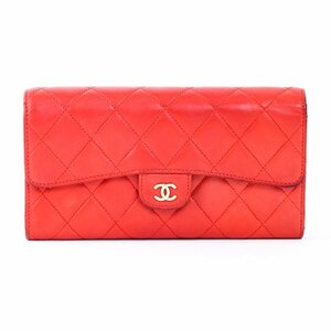 CHANEL シャネル マトラッセ フラップボタン 二つ折り長財布 ラムスキン レッド ココマーク レディース #32528YR