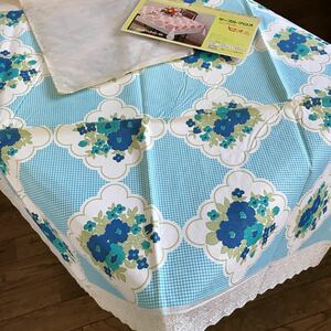  unused goods tablecloth Showa Retro pop floral print light blue pretty flower that time thing kitchen articles miscellaneous goods rare antique Vintage race check 