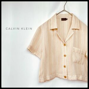 Calvin Klein カルバンクライン クロップド丈 半袖オープンカラーシャツ　ストライプ　レーヨン×リネン　アースカラー