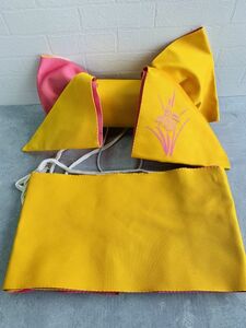 婦人　女性　浴衣　作り帯　簡単装着　化繊　黄×ピンク　あやめの紋様　ワンタッチ　夏祭りに　保管品