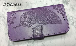 手帳型 iPhone11用 ケース 蝶 花柄 パープル薄紫