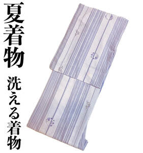 洗える着物 wk990 紗夏物小紋 お仕立て上がり 薄紫縞花柄 洗濯可能 新品 送料込み