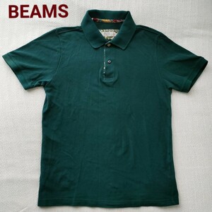 【美品】BEAMS／ビームス　半袖ポロシャツ　ボタニカル　テキスタイル　メンズ　Ｍ レア　ビリジアングリーン