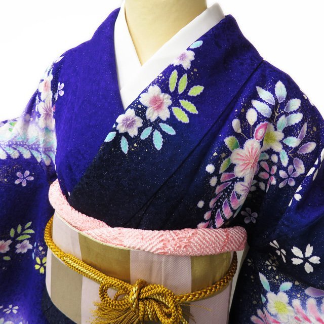 特選振袖着物中古リサイクル正絹作家物辻が花模様銀通し紫色濃紺色多色