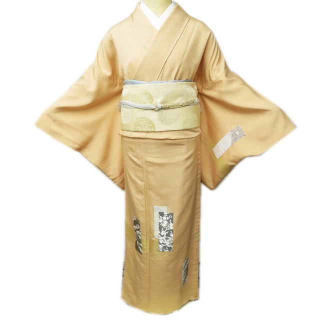付下げ付け下げ着物中古正絹単衣短冊に植物文様地模様松葉薄橙色身丈
