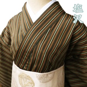 塩沢 着物 中古 単衣 カジュアル 縦縞模様 ストライプ 昆布茶色 女郎花色 多色 身丈163.5cm 裄66.5cm L ワイド きもの北條 A880-2