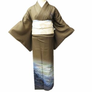 付下げ 付け下げ 着物 正絹 中古 袷 フォーマル 風景 遠山 木々 海松色 多色 身丈161cm 裄67cm M きもの北條 A881-3