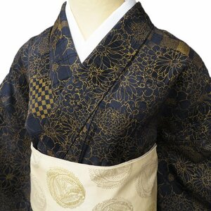 小紋 着物 中古 リサイクル 正絹 袷 カジュアル 花模様 市松模様 黒色 金 身丈161cm 裄66.5cm M きもの北條 A883-8