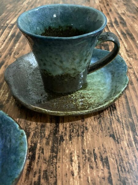 渋い 青×茶 マグカップソーサー 2個セット 和洋食器 美濃焼 オシャレ カフェ風