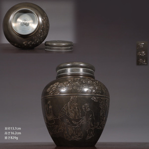 古錫 茶葉罐 石梅刻 「錫刻松蔭賞画詩文図茶心壺」 茶筒 茶入 茶壷 茶道具 純錫 時代物 LT-06221