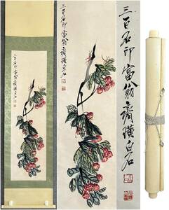 古美術 掛け軸 中国・近現代 斉白石書 「花卉草虫図」 紙本 立軸 書道 巻き物 肉筆保証 唐物 古画 LT-06301