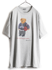 90s USA製 ポロベアー ■ ポロ ラルフローレン ポロベア プリント 半袖 Tシャツ メンズ L / 古着 POLO バスケ キャラクター 半袖Tシャツ 灰