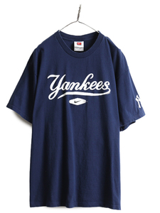 00s ■ ナイキ MLB オフィシャル ヤンキース プリント Tシャツ メンズ L / 古着 TEAM NIKE センター スモール スウォッシュ 大リーグ 野球