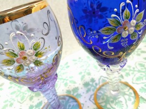 * Venetian glass Murano Italy wine glass lavender / blue gold paint flower .vene Cheer glass 2 customer set rare secondhand goods ③