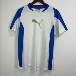 PUMA プーマ メンズ 半袖 Tシャツ トップス スポーツウェア 練習着 Mサイズ ホワイト 白色 ブルー 青色 ロゴ プリント 背番号21 ナンバー21