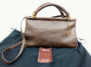 JRA オーストリッチ ハンドバッグ ショルダーバッグ ブラウン 茶 WATA-ICHI BAG ◆jh3◇20