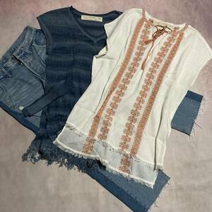 3 point * goa * Denim pants & embroidery tunic One-piece & indigo knitted set / remake / fringe /goa/ lady's 