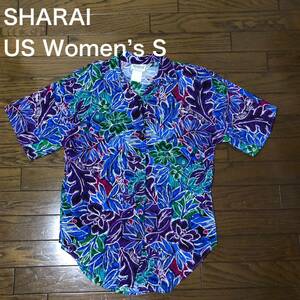 【送料無料】USA製SHARAI半袖アロハシャツ総柄　USレディースSサイズ（L-XLサイズ相当）ハワイアン半袖シャツ